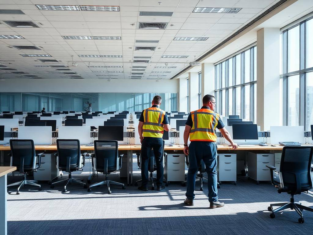 Old desks and chairs being cleared from a Toronto office