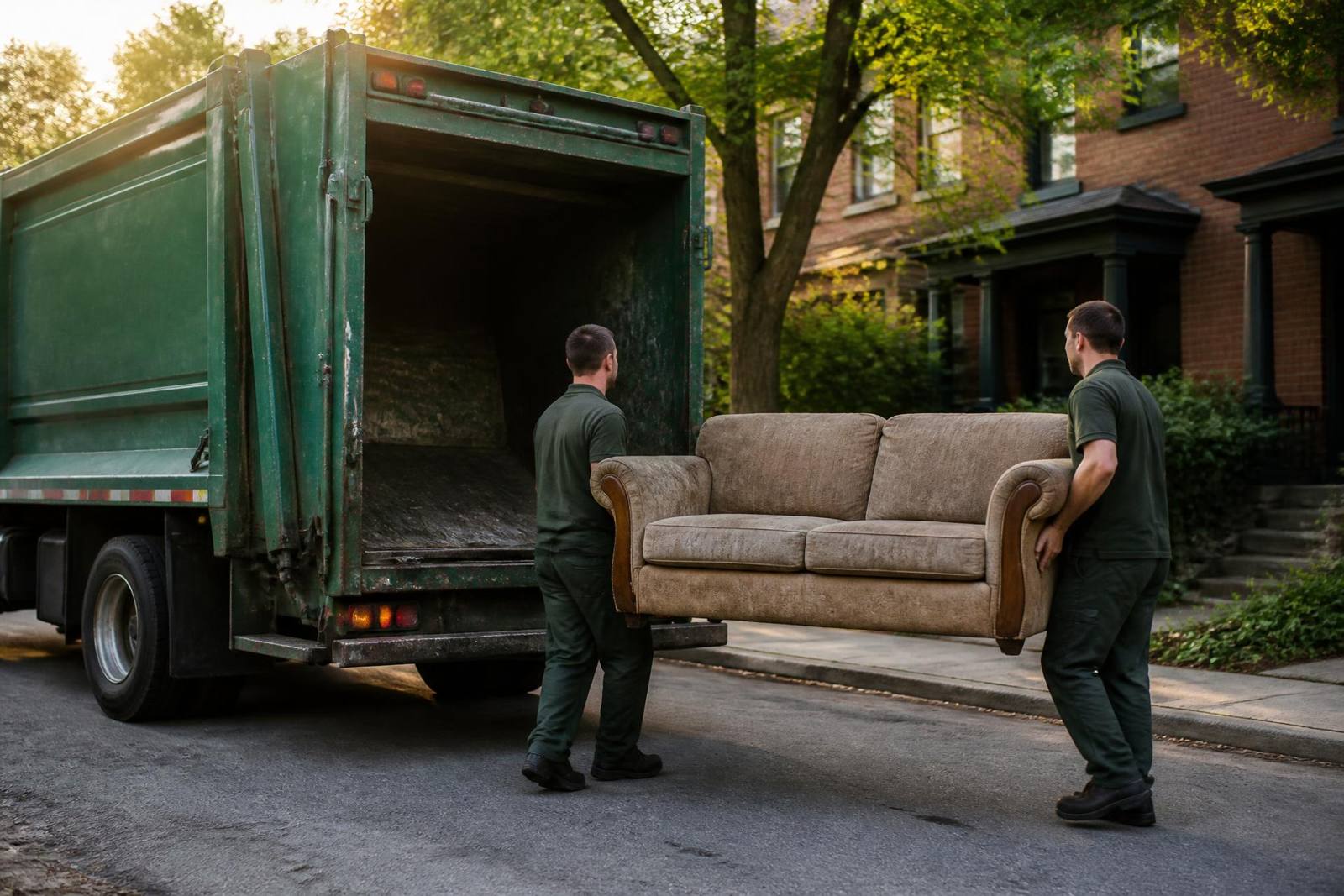 Old furniture being loaded into a junk removal truck on a Toronto street
